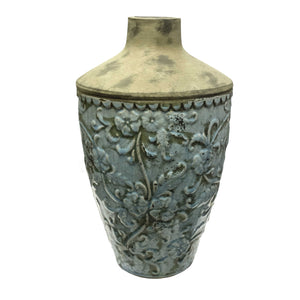 Dual Tone Cement Bottle Vase with Embossed Floral Design, Blue and Beige