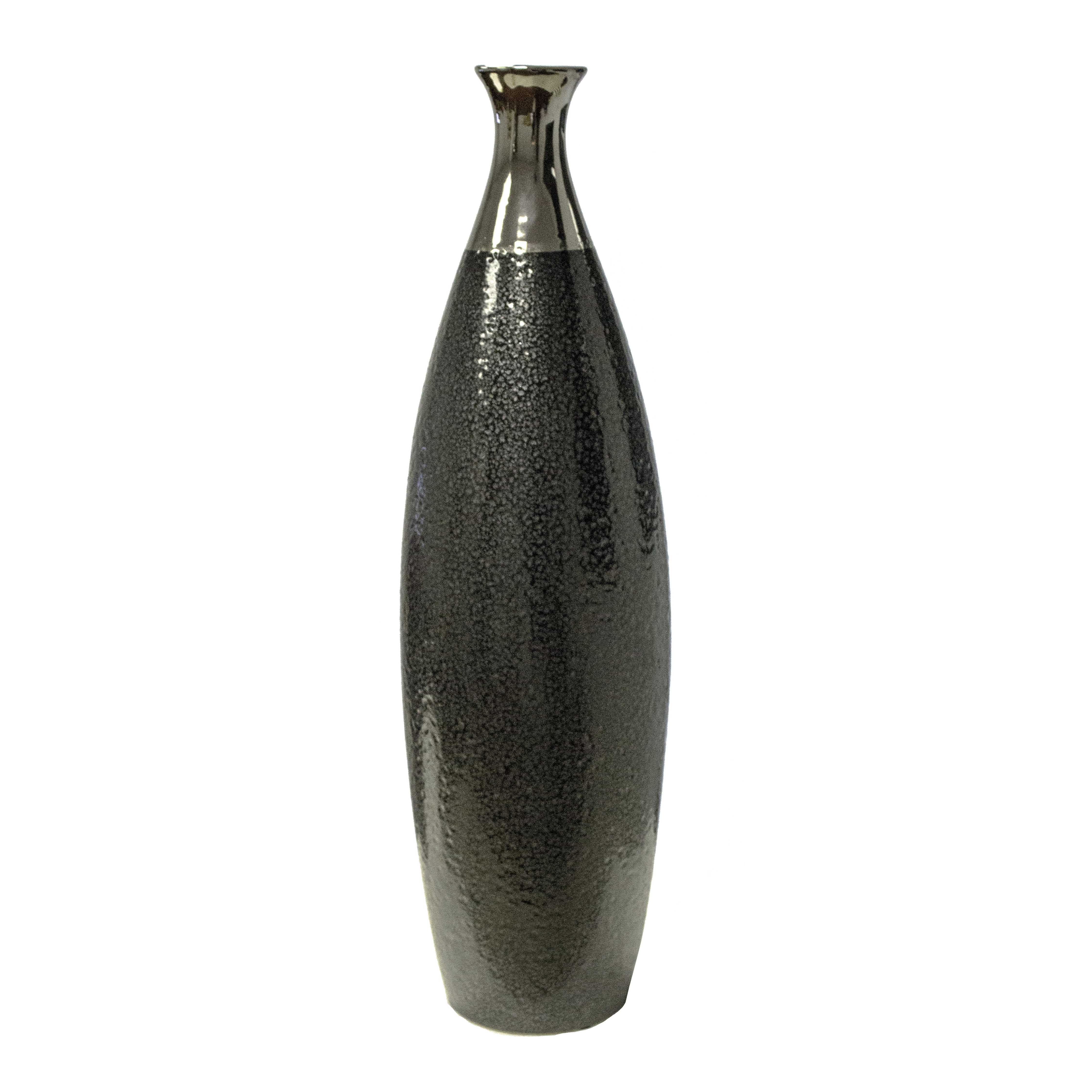 Textured Ceramic Bottle Vase with Small Neck and Mouth, Black and Gray