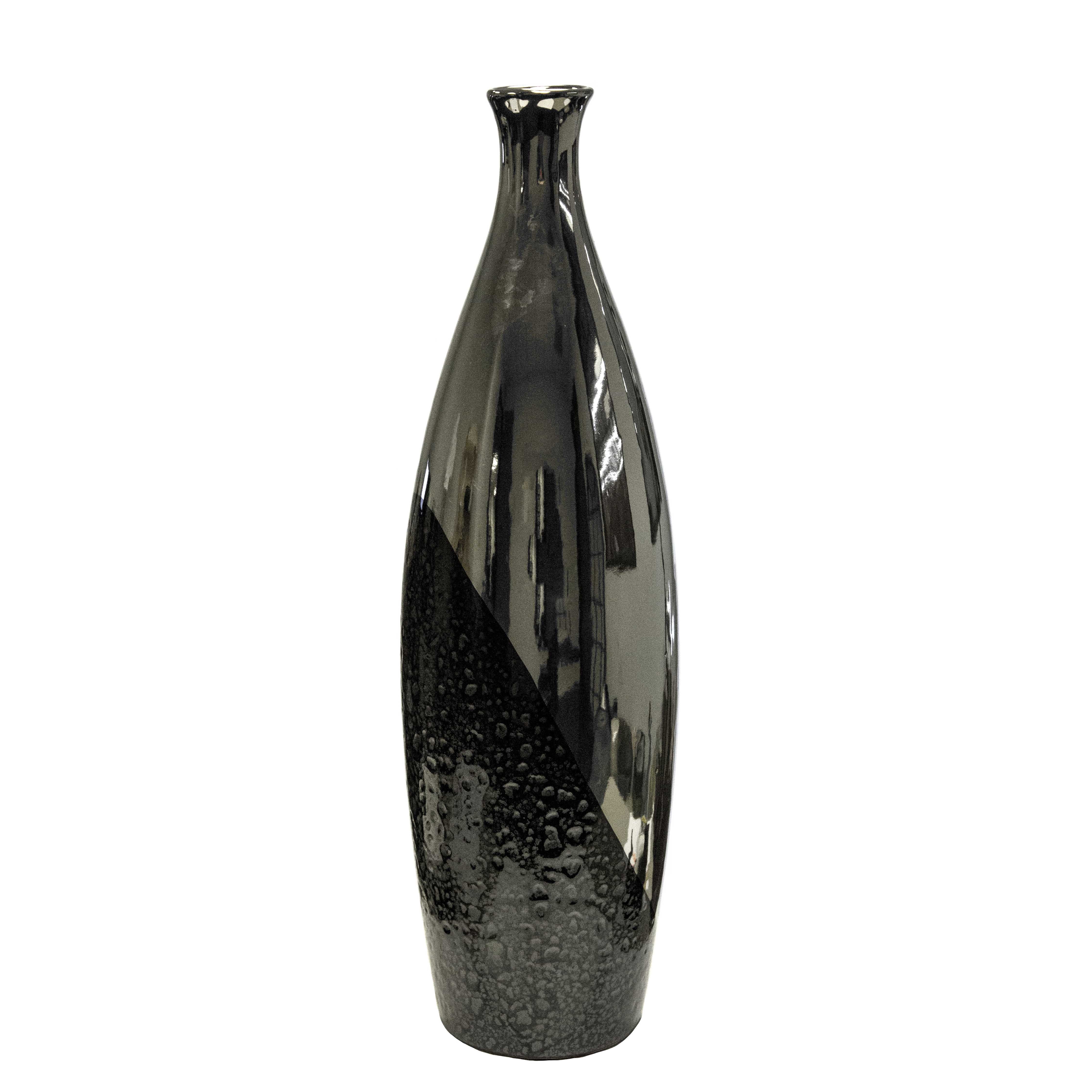 Two Tone Ceramic Bottle Vase with Small Neck and Mouth, Large, Black and Gray