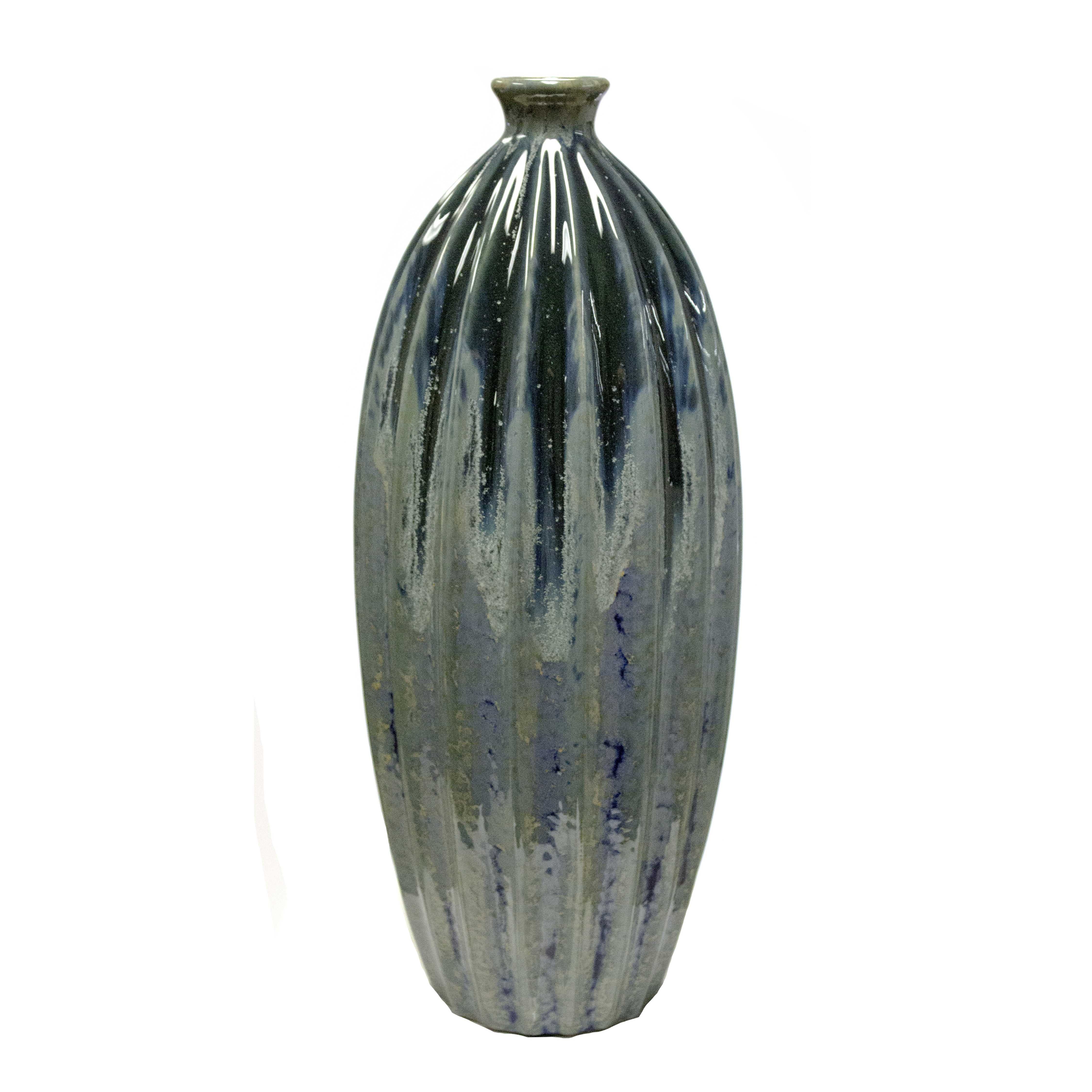 Ceramic Bottle Vase with Embossed Striped Pattern, Blue and Green