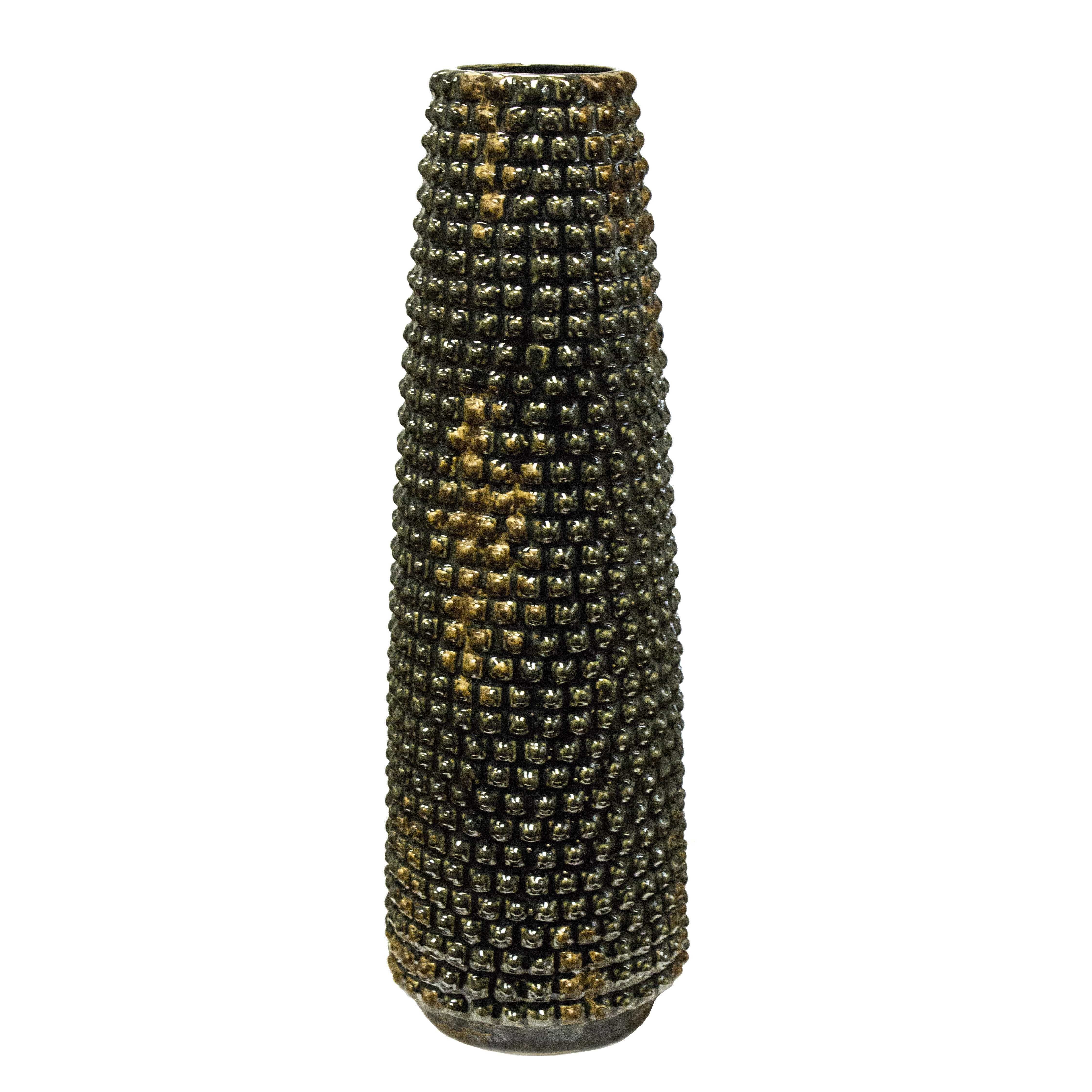 Ceramic Elongated Vase with Embossed Texture and Flat Base, Bronze