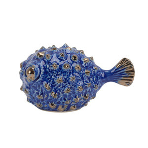 Decorative Ceramic Puffer Fish Figurine with Spiked Details, Gold and Blue