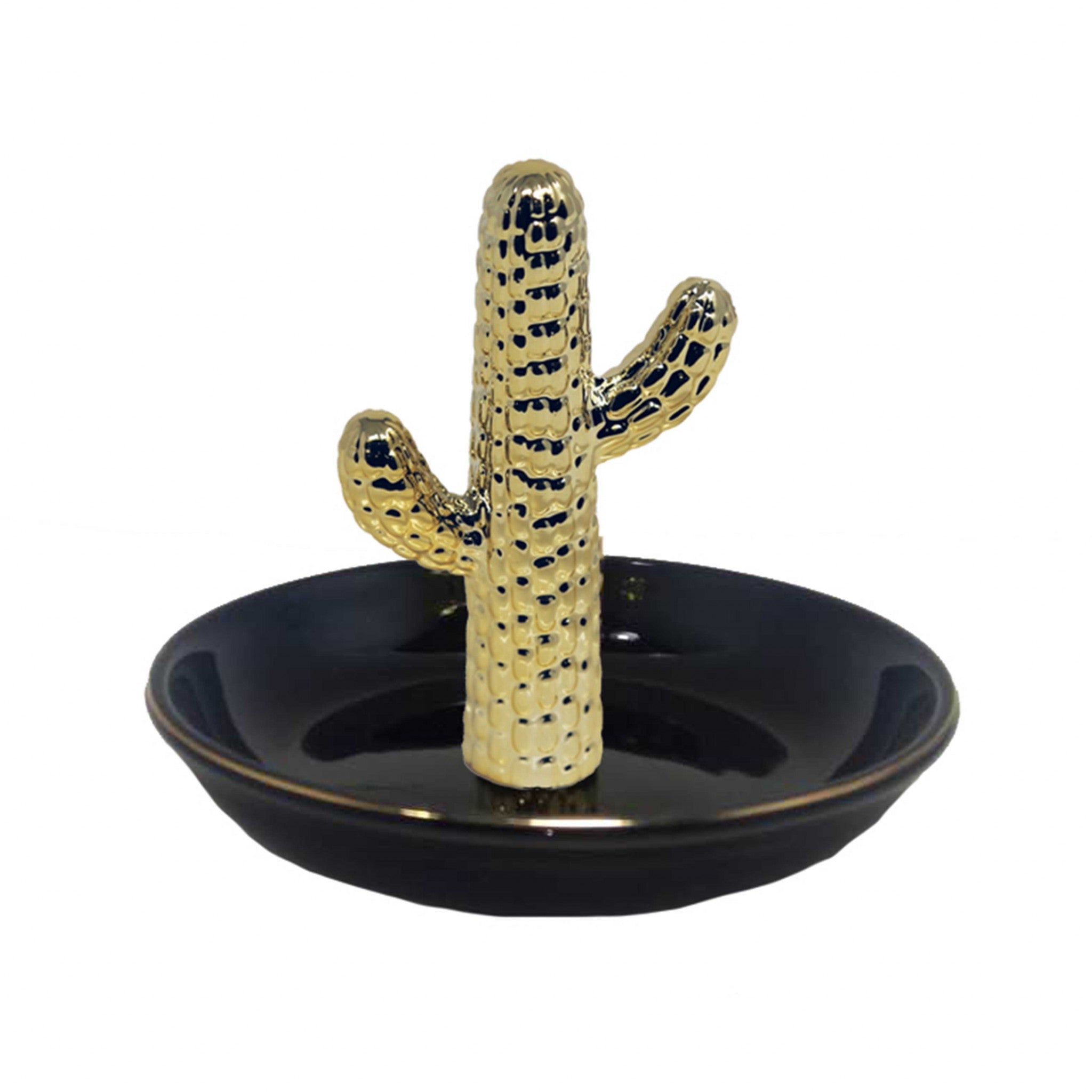 Ceramic Cactus on Trinket Tray, Black and Gold