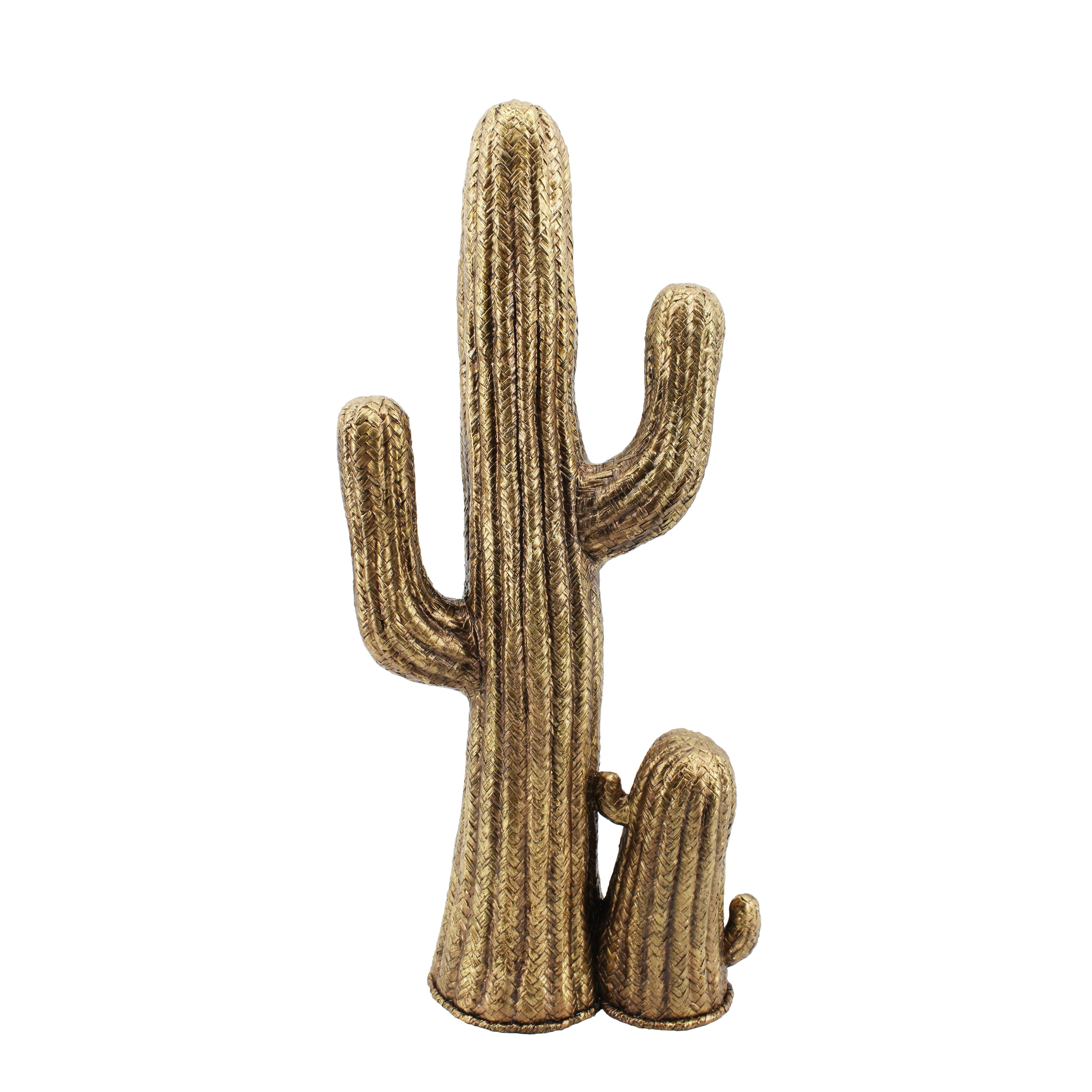 Decorative Polyresin Cactus Figurine with Basket Weave Design, Gold