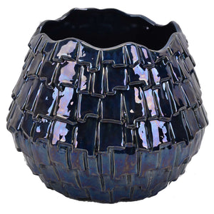 Decorative Ceramic Textured Planter with Irregular Opening, Blue