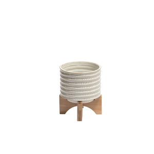 Ribbed Patterned Ceramic Flower Pot with Wooden Stand, White and Brown