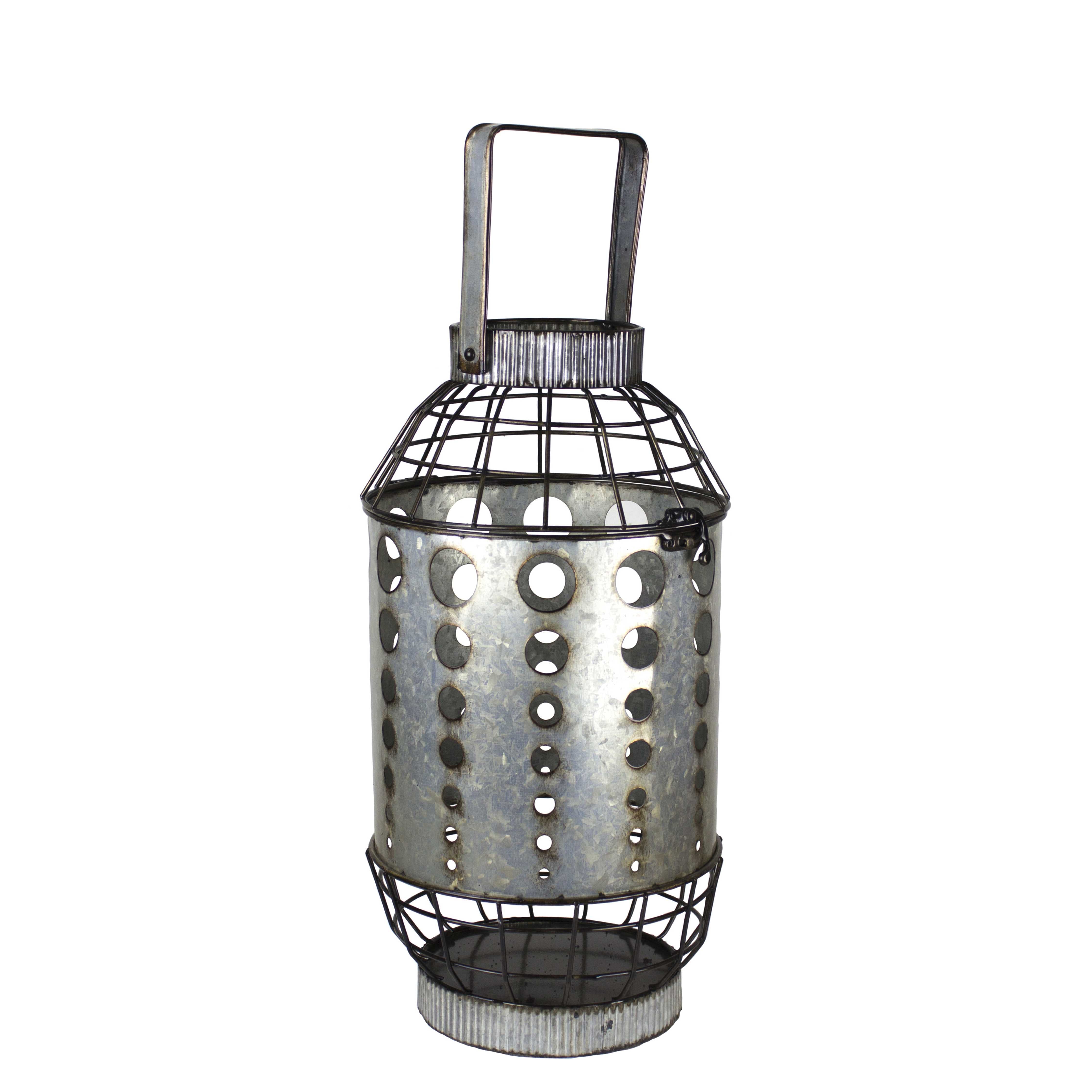 Industrial Look Metal Candle Lantern with Cutout Design, Gray