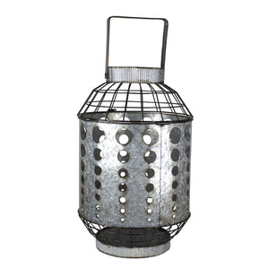 Galvanized Metal Candle Lantern with Cutout Design, Gray