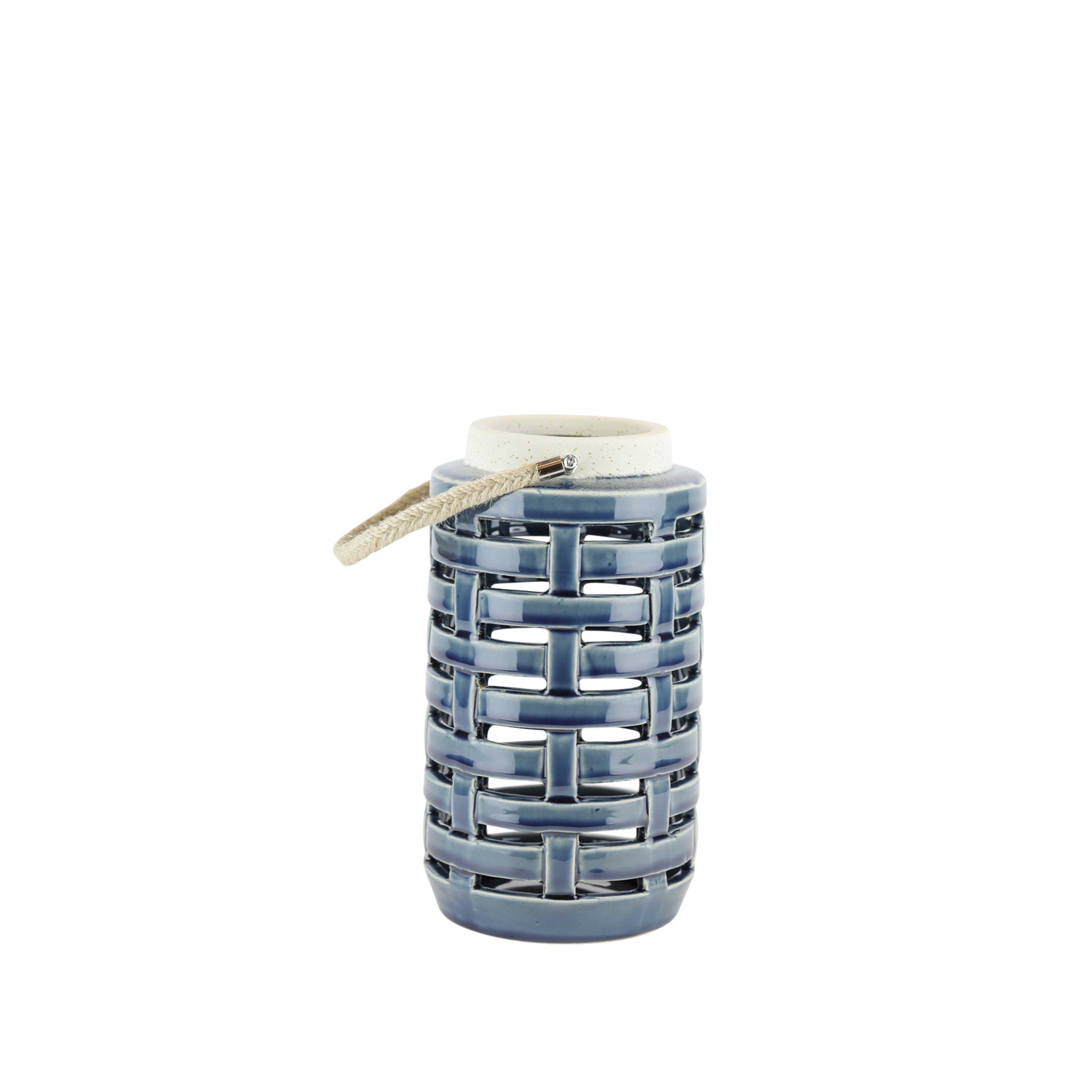 Lattice Cutout Patterned Ceramic Lantern with Rope Handle, Small, Blue and White