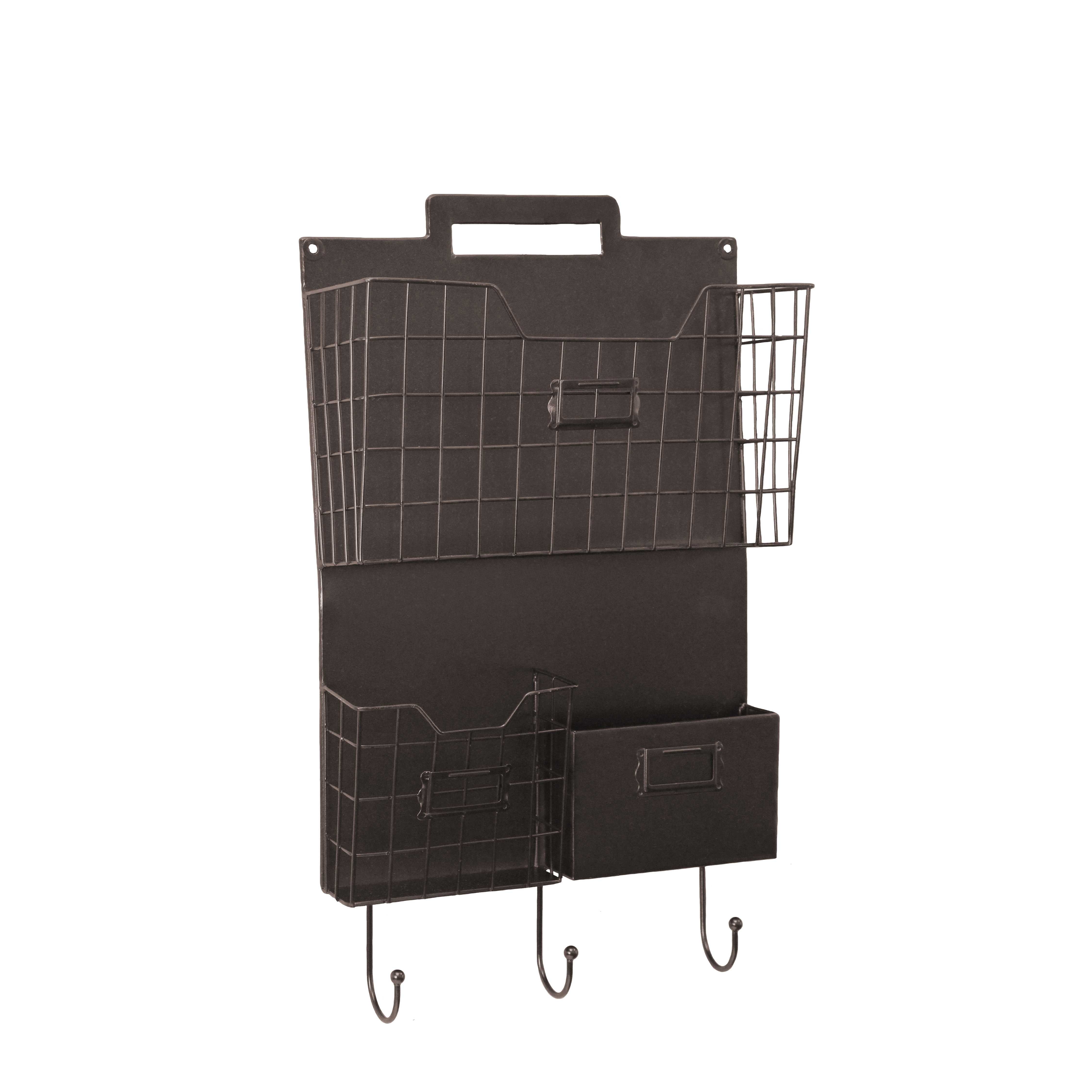 Wall Mounted Metal Organizer with Three Baskets and Hooks, Brown