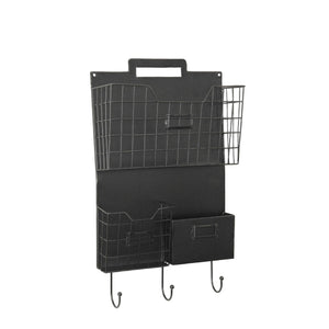 Wall Mounted Metal Organizer with Three Baskets and Hooks, Black