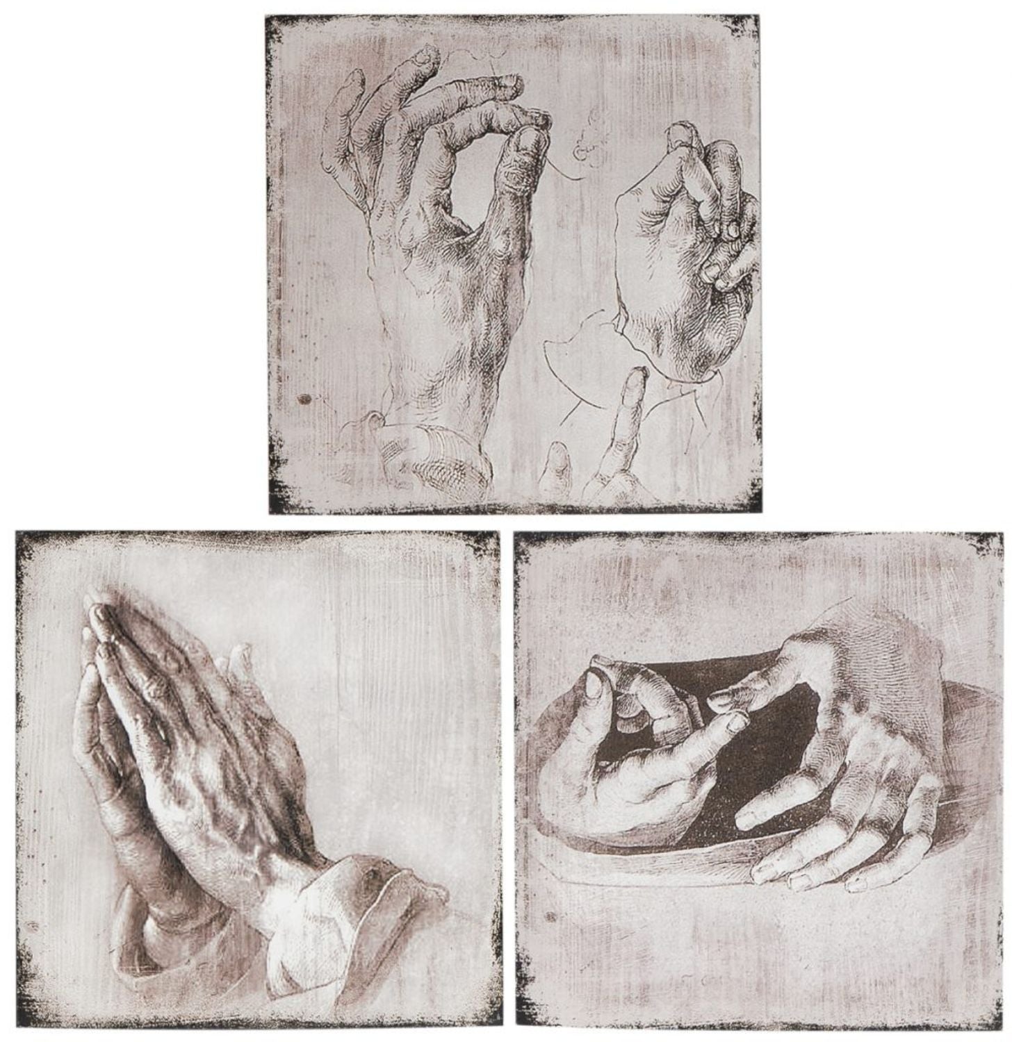 Unique 3 Piece Hand Studies Wooden Wall Art Set, Distressed White and Gray