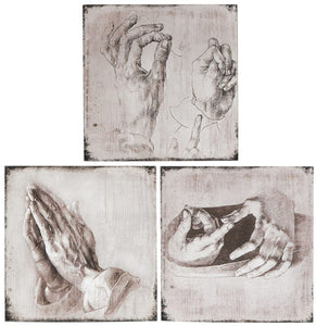 Unique 3 Piece Hand Studies Wooden Wall Art Set, Distressed White and Gray