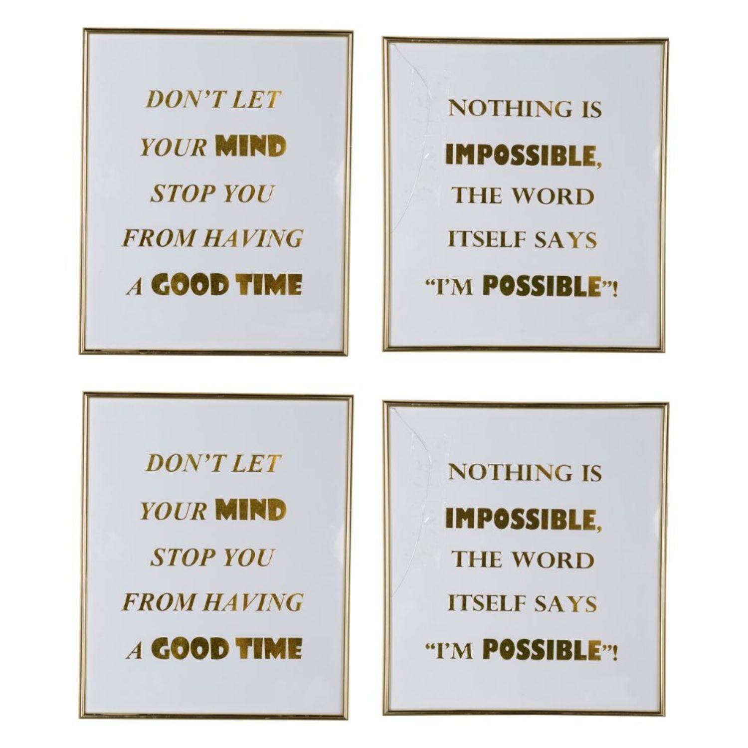 Modern Mindful Sayings Wall Art in Plastic Frame, Large, Set of Four, White and Gold