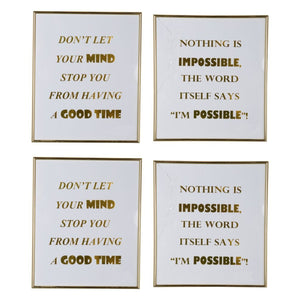 Modern Mindful Sayings Wall Art in Plastic Frame, Large, Set of Four, White and Gold