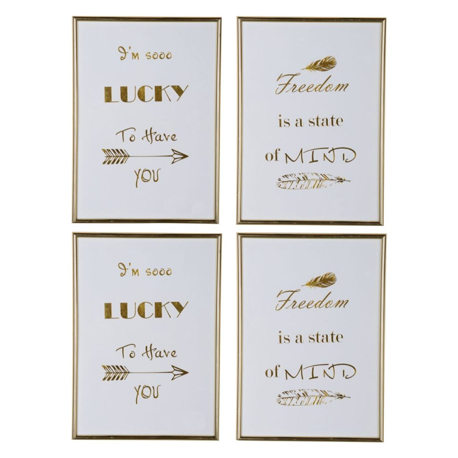 Modern Mindful Sayings Wall Art in Plastic Frame, Small, Set of Four, White and Gold