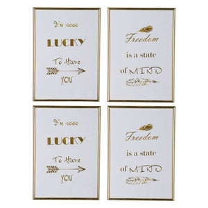 Modern Mindful Sayings Wall Art in Plastic Frame, Small, Set of Four, White and Gold