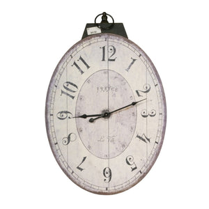 Distressed Oval Shape Wooden Wall Clock with Ring Hanger,  White and Black