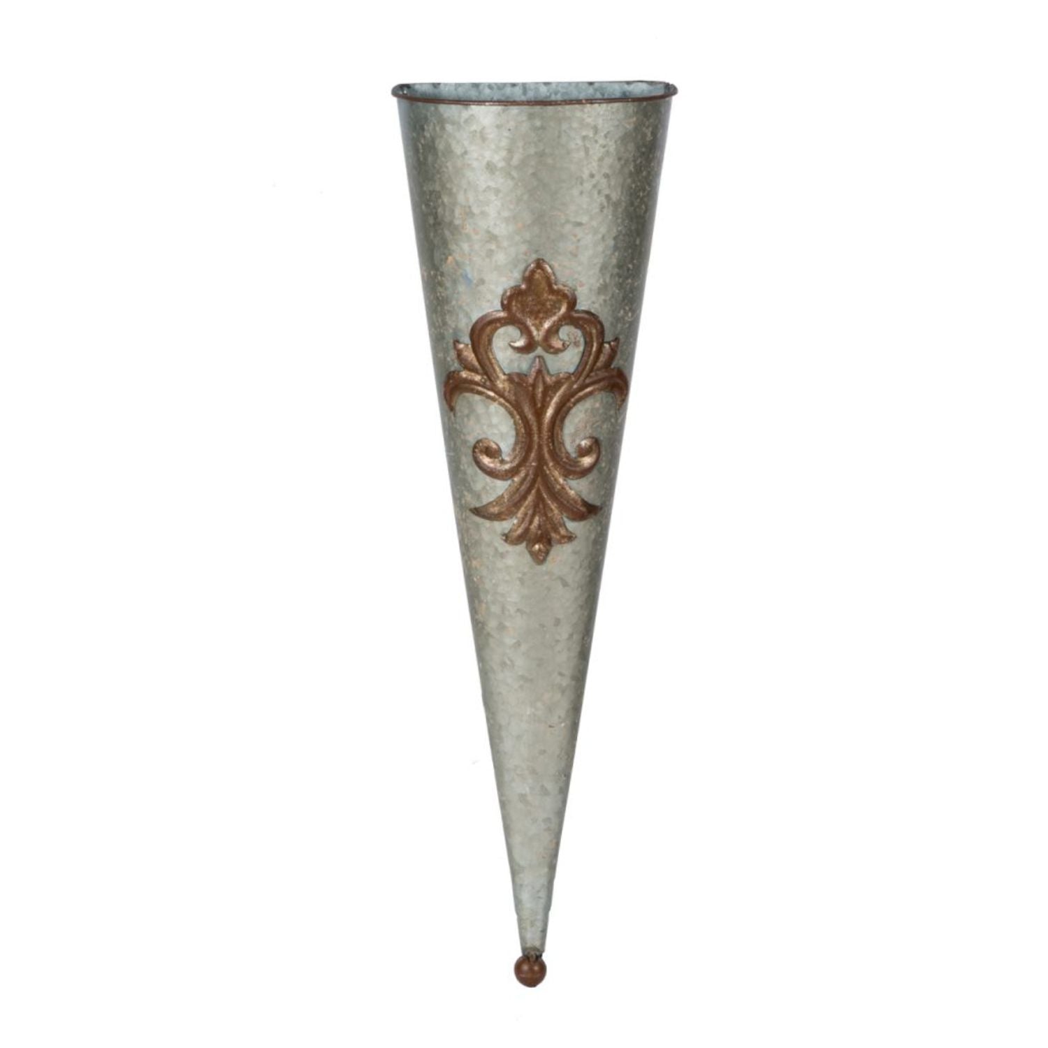 Metal Wall Vase in Cone Shape with Scrollwork Accent, Gray