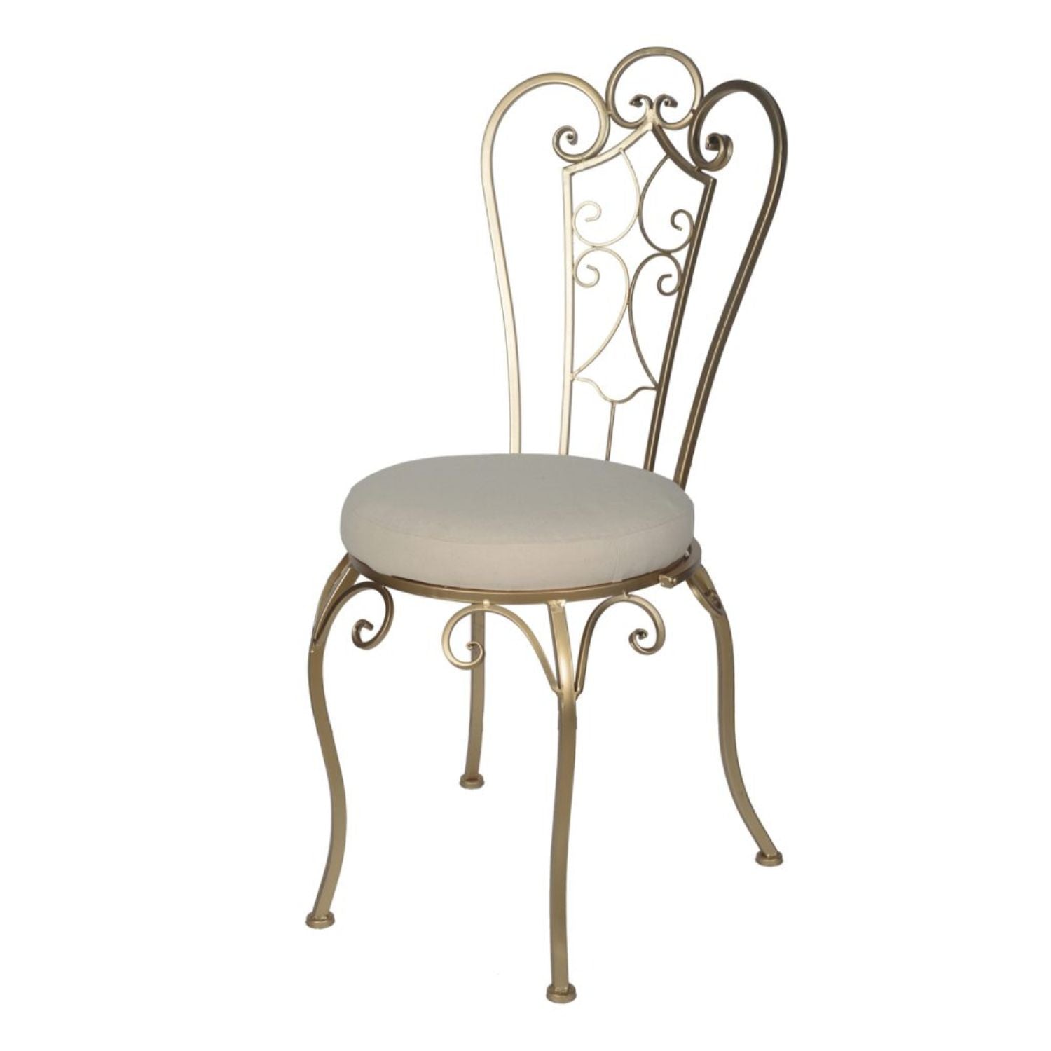 Metal Frame Folding Chair with Fabric Padded Seat and Scroll Work Details, Gold and Cream