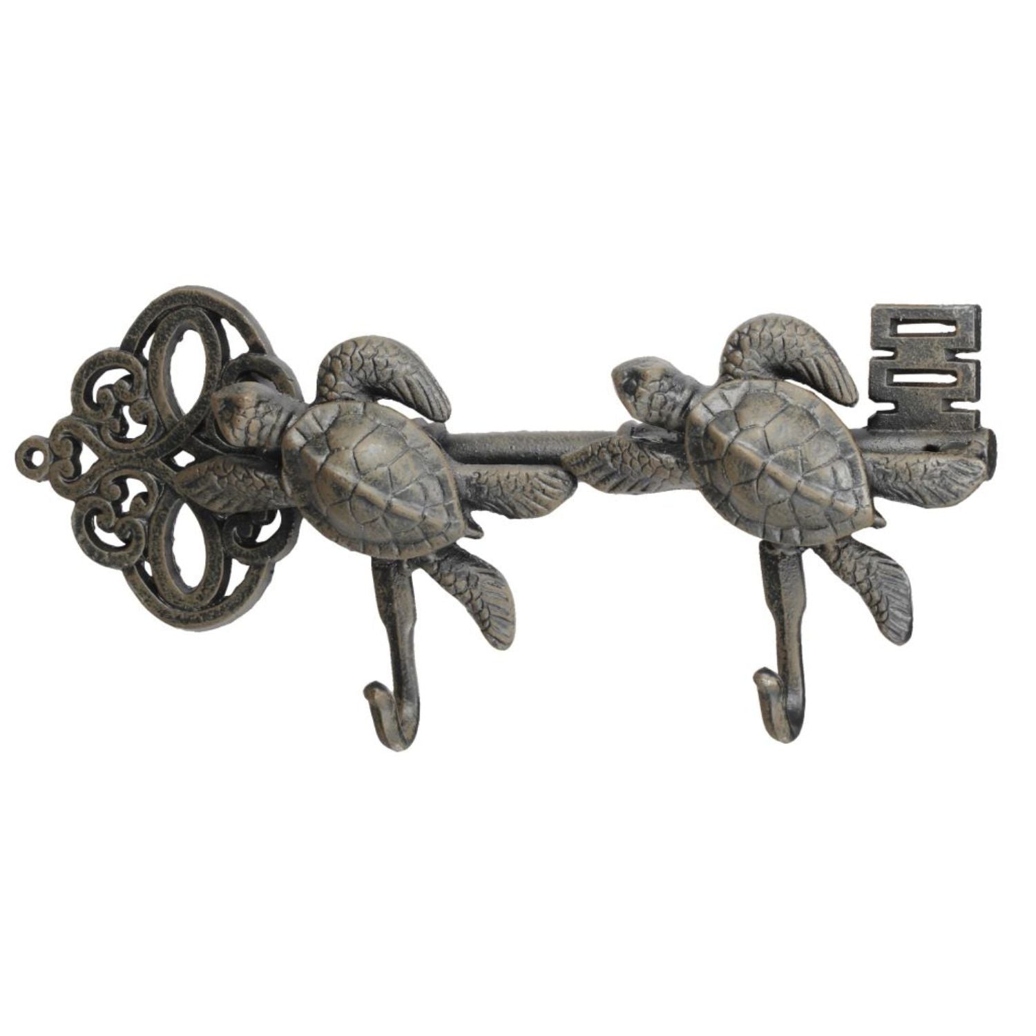 Decorative Sea Turtles Iron Wall Hook on Antique Key, Gray