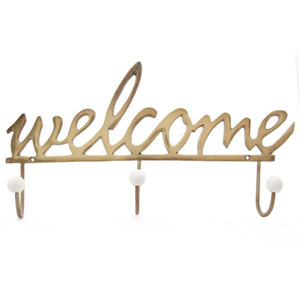 Modern Metal Welcome Wall Hooks with Four Ceramic Hangers, Gold and White