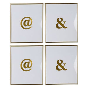 Decorative & and @ Graphic Wall Art in Plastic Frame, Large, Set of Four, White and Gold