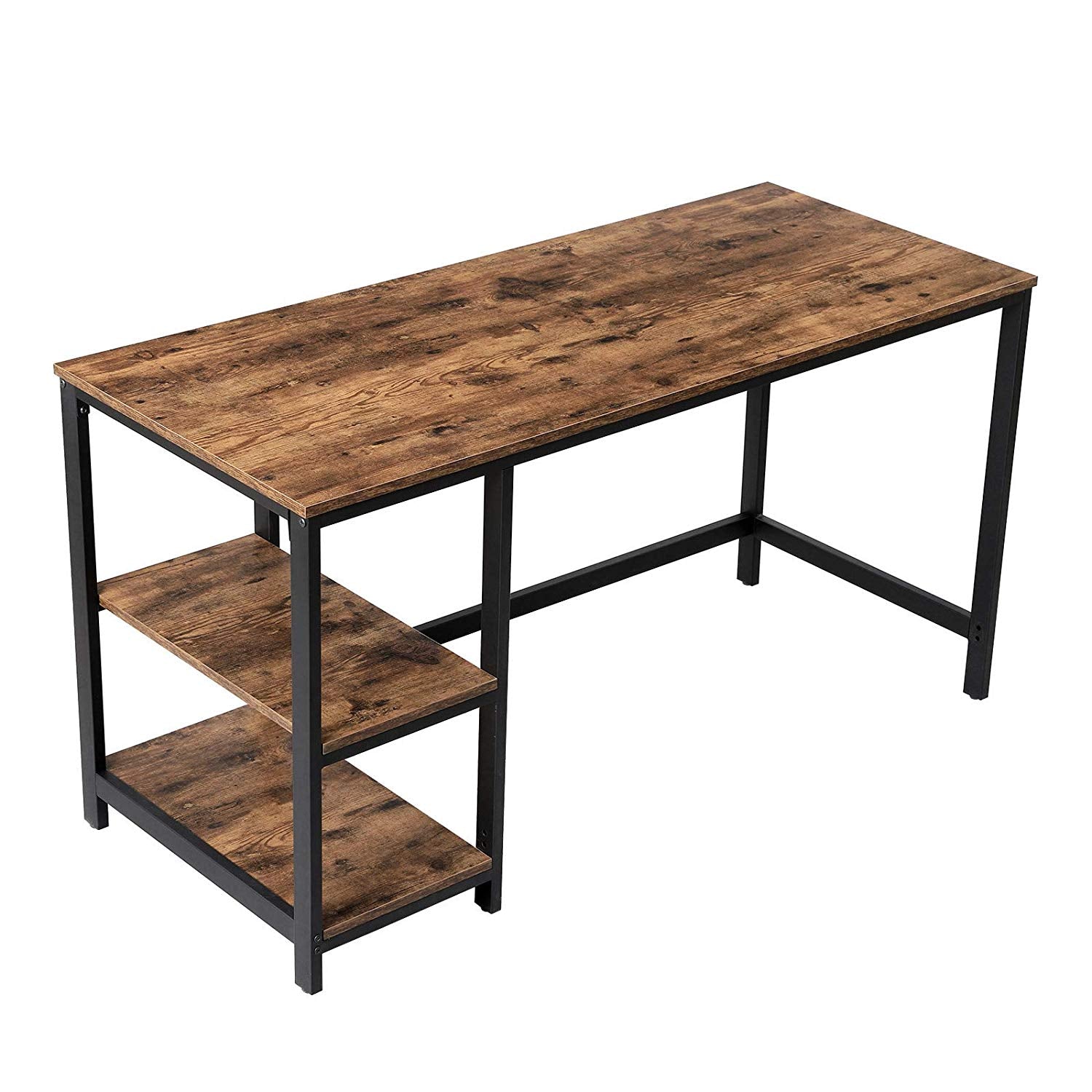 Industrial 55 Inch Wood and Metal Desk with 2 Shelves, Black and Brown