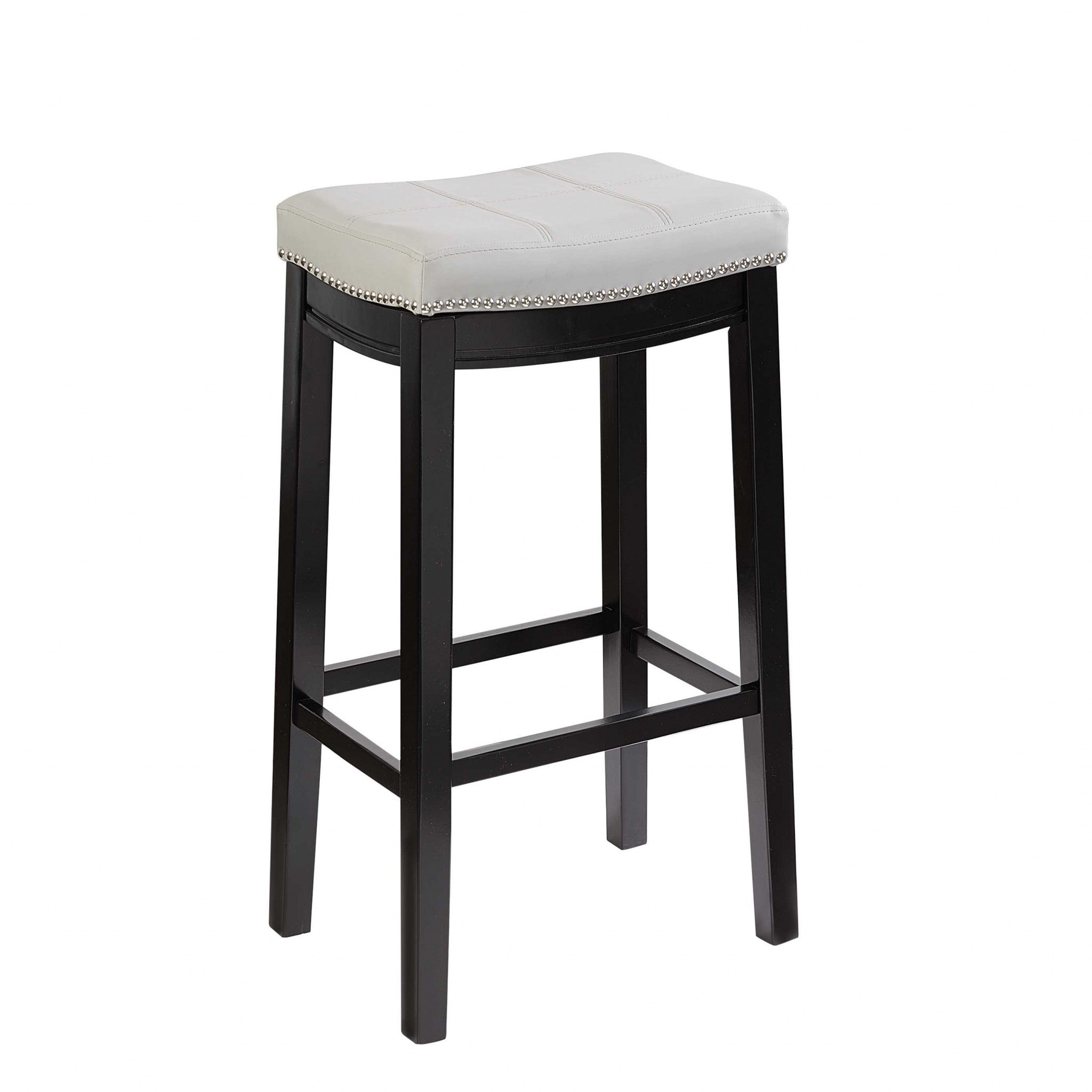 Saddle Top Wooden Bar Stool with Nailhead Accents, Black and White