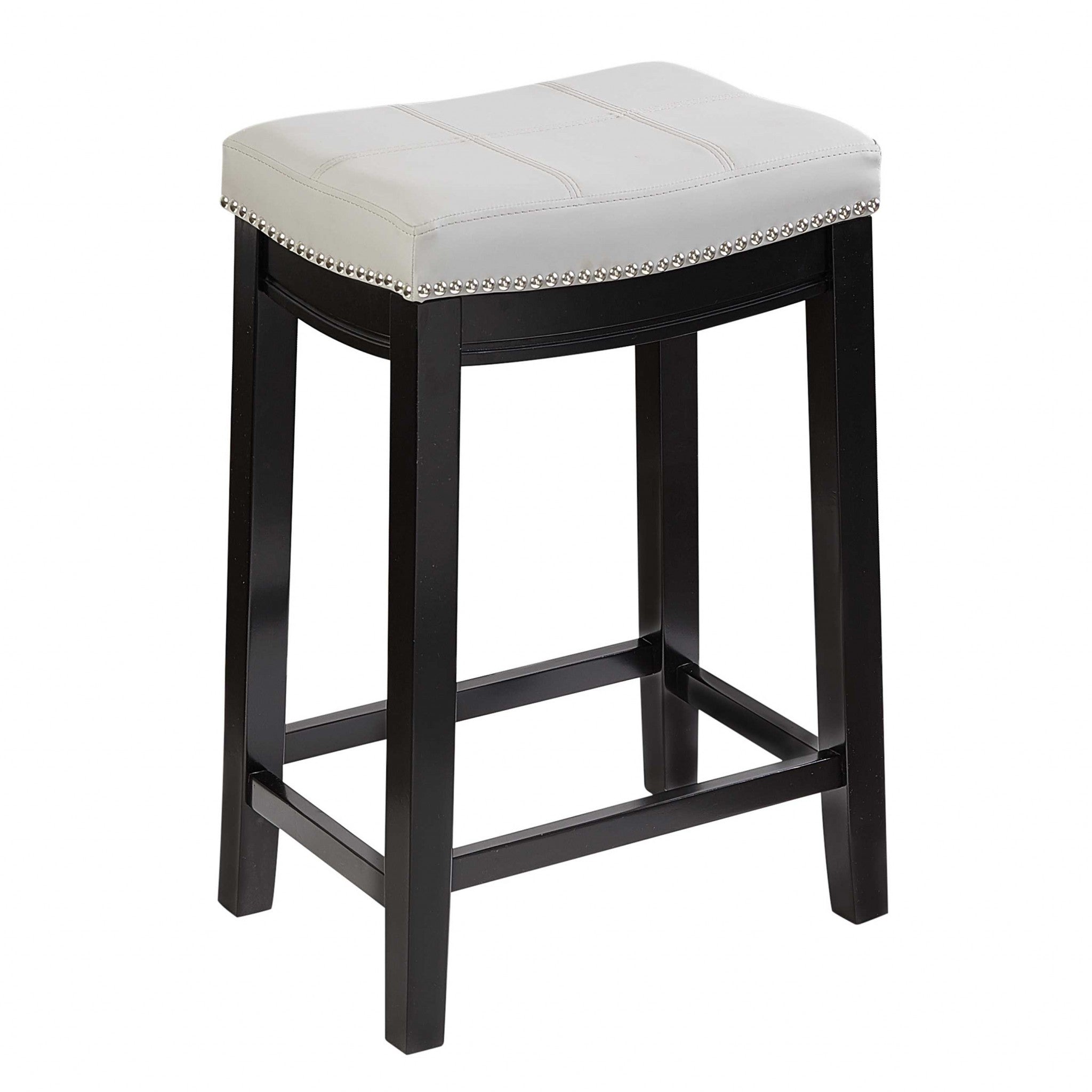 Saddle Top Wooden Counter Stool with Nailhead Accents, Black and White