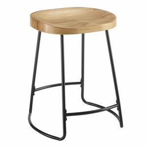 Metal and Wood Counter Stool with Saddle Seat, Black and Brown