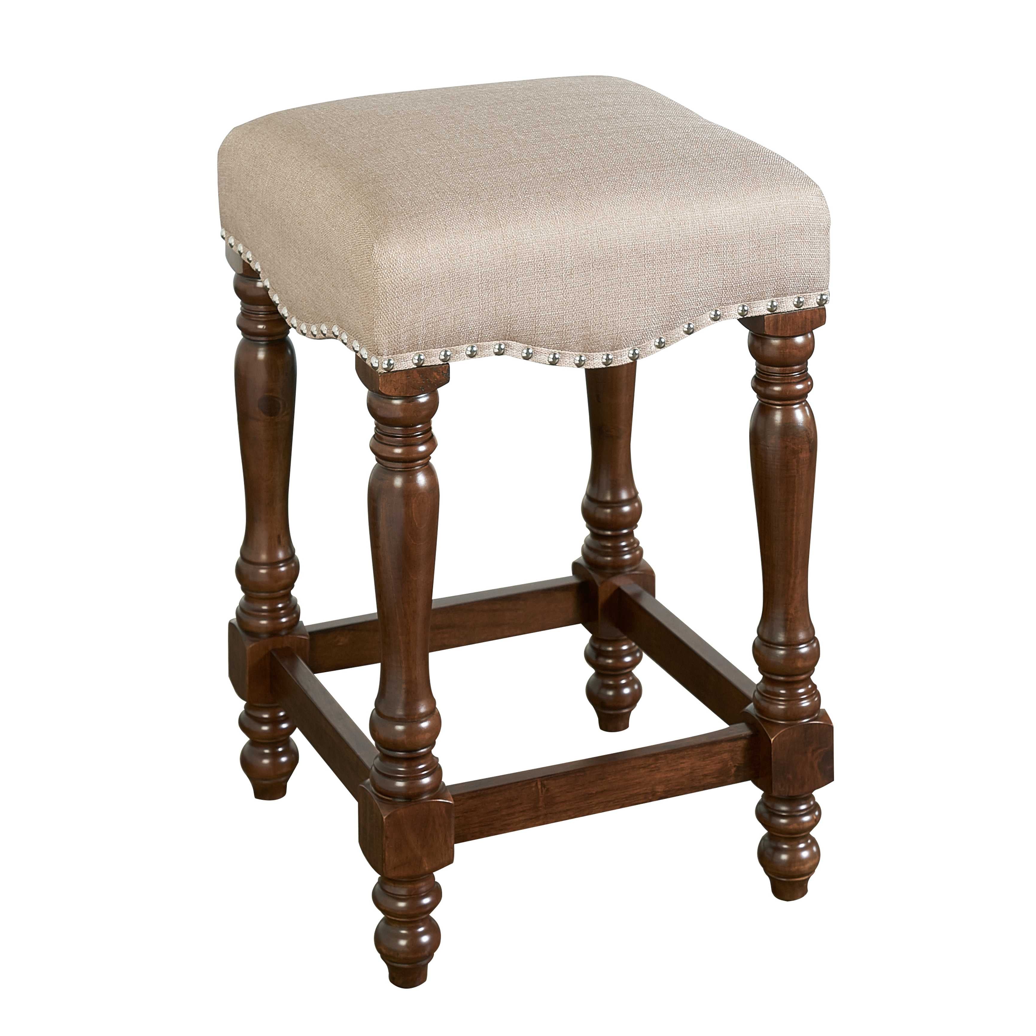 Traditional Style Wooden Counter Stool with Turned Legs,Brown and Beige