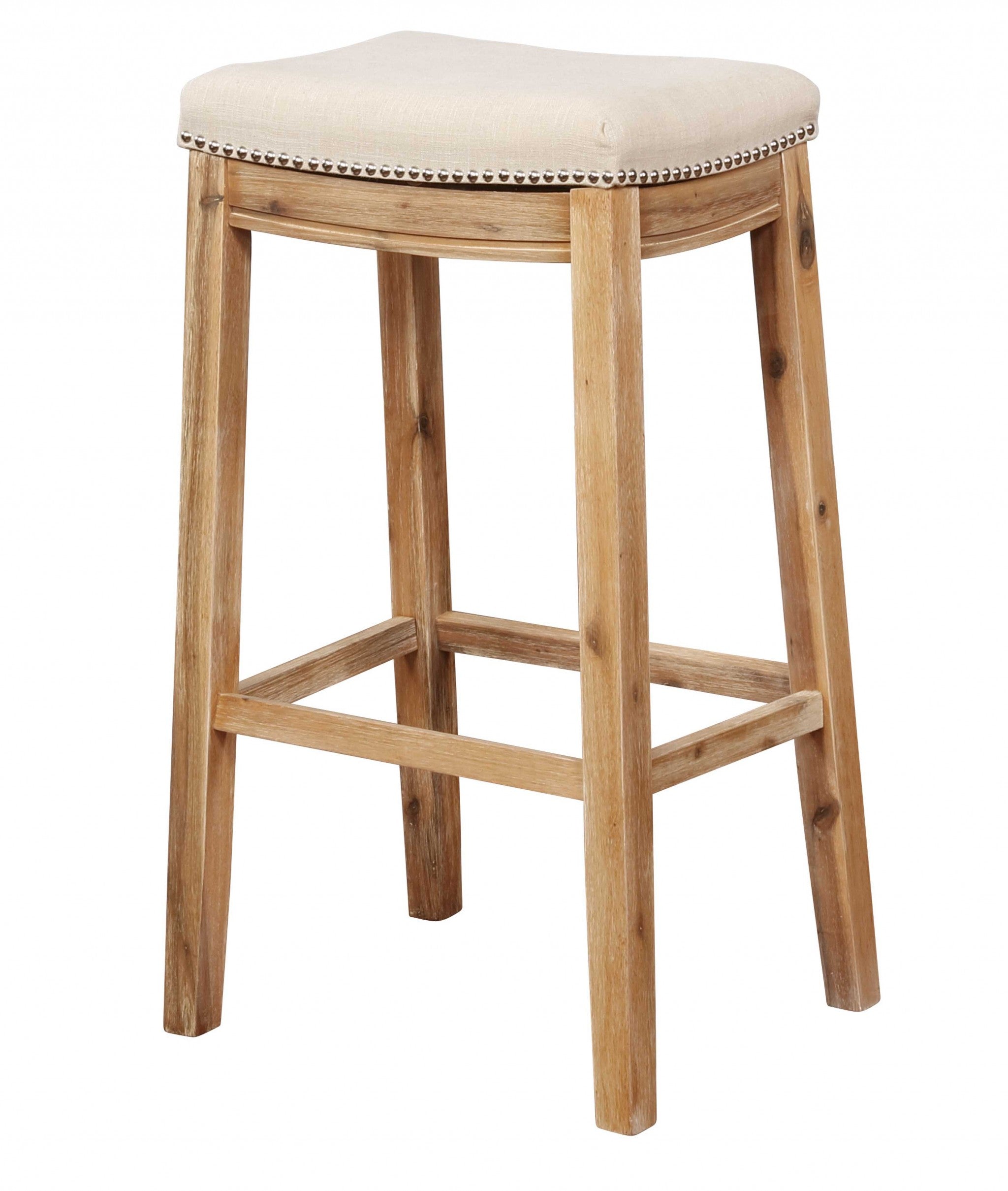 Saddle Top Wooden Bar Stool with Nailhead Accents, Brown and Beige