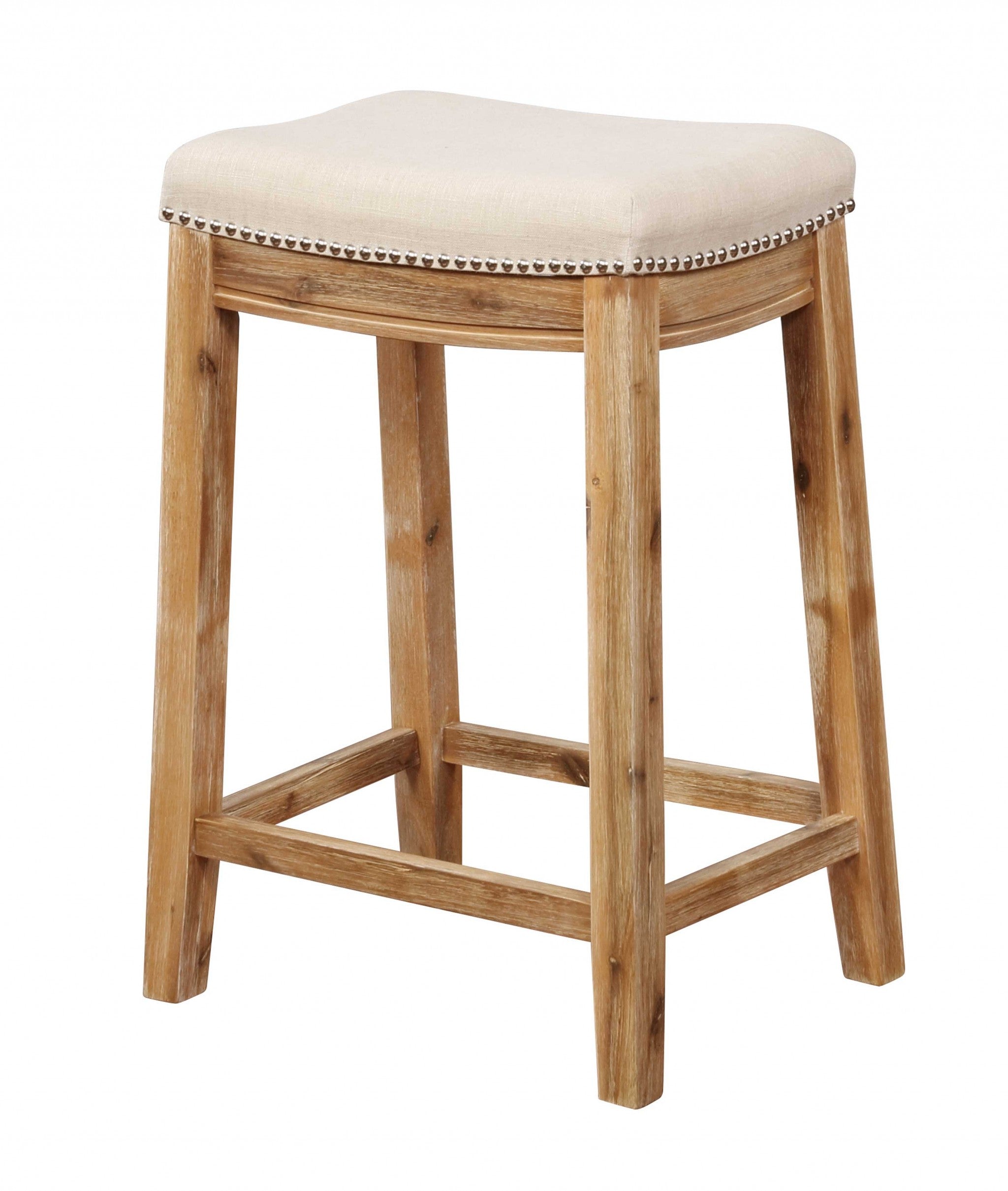 Saddle Top Wooden Counter Stool with Nailhead Accents, Brown and Beige