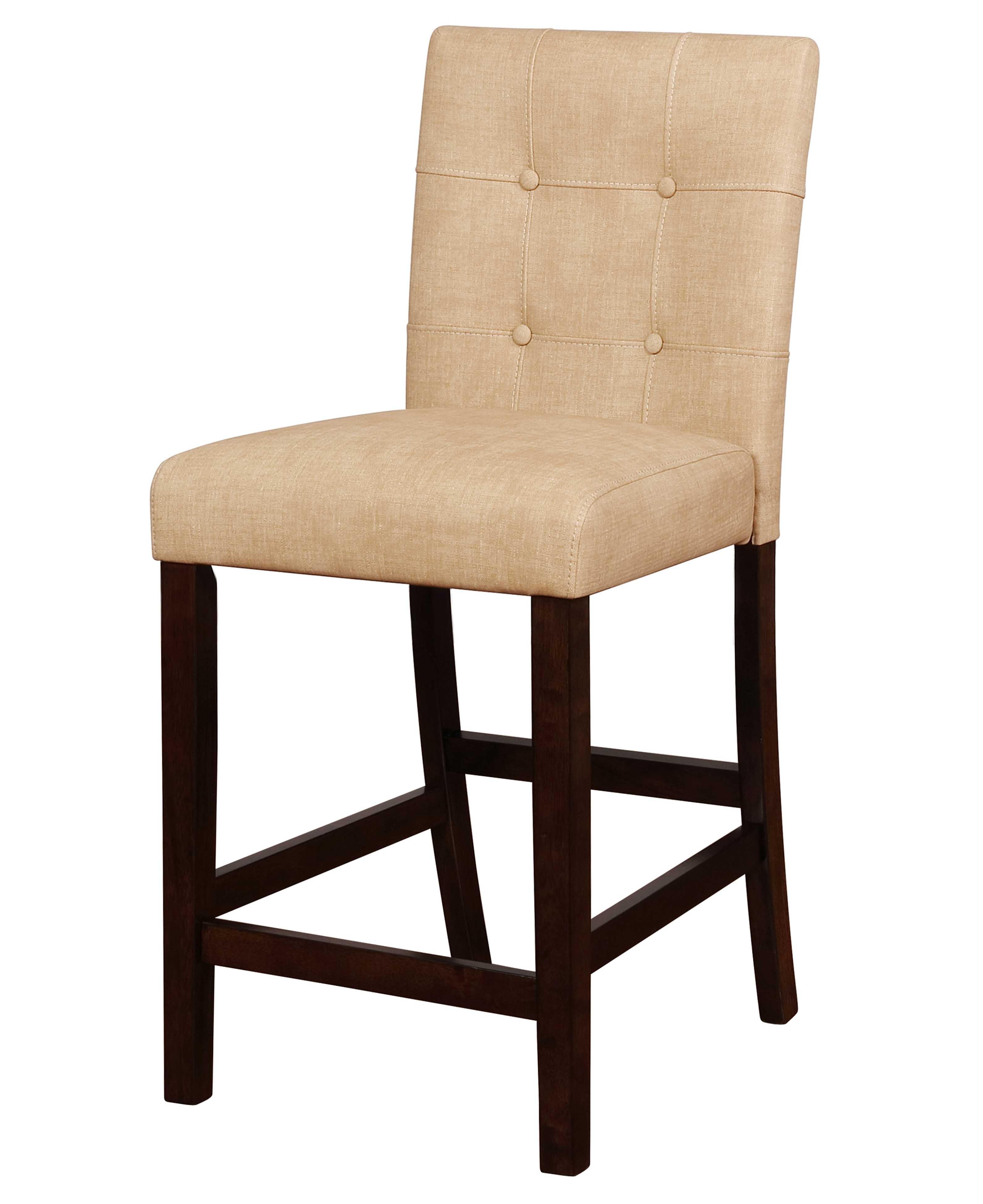 Wooden Counter Stool with Button Tufted Backrest, Beige and Brown