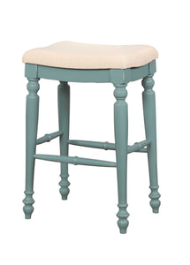 Saddle Top Wooden Bar Stool with Fabric Upholstery, Blue and Beige