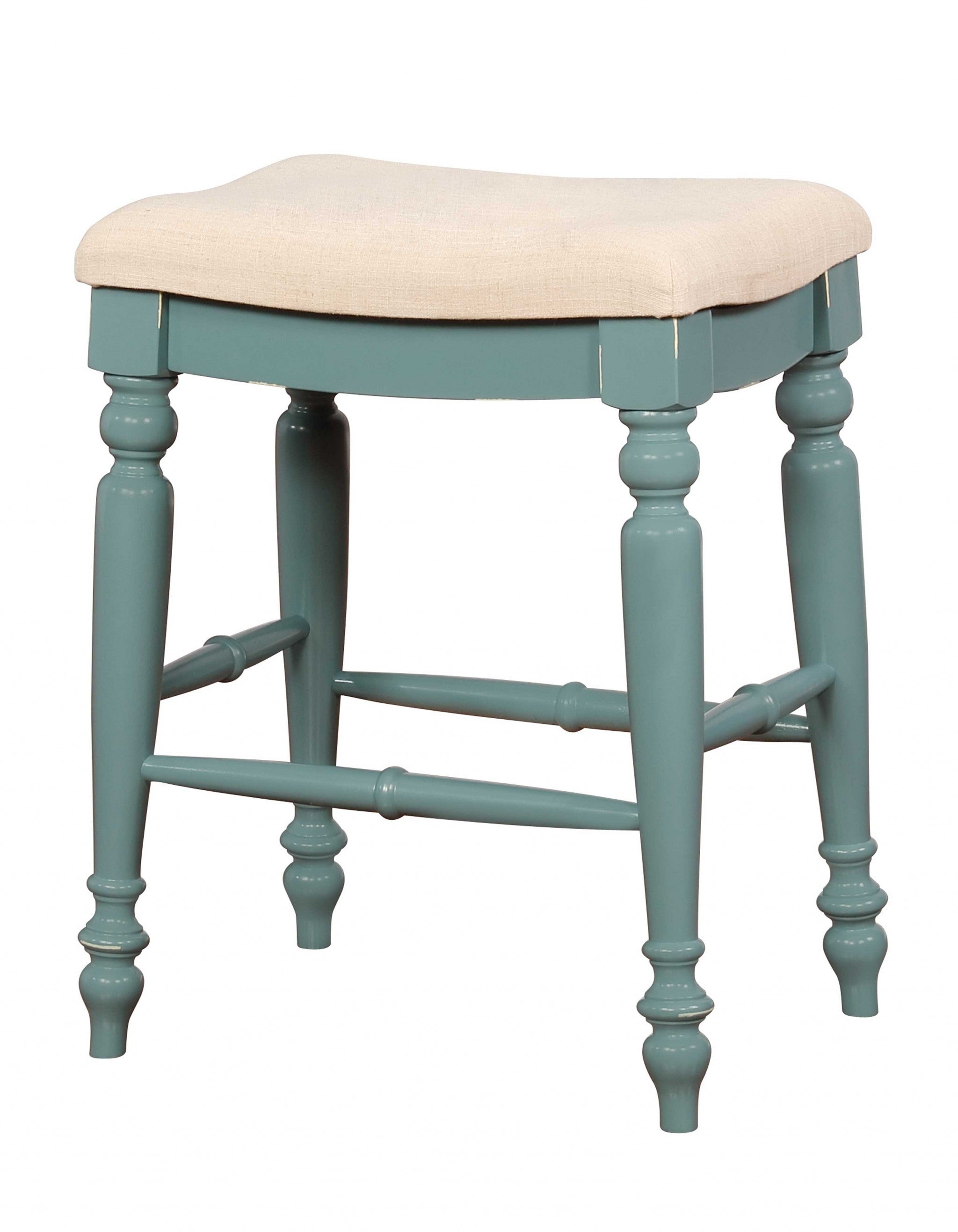 Saddle Top Wooden Counter Stool with Fabric Upholstery, Blue and Beige