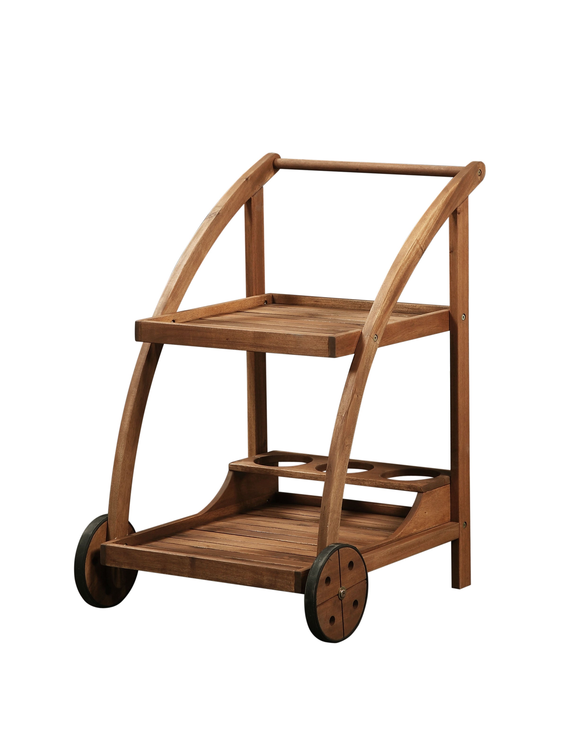 2 Shelf Wooden Trolley with Caster Wheels and Bottle Holders, Brown