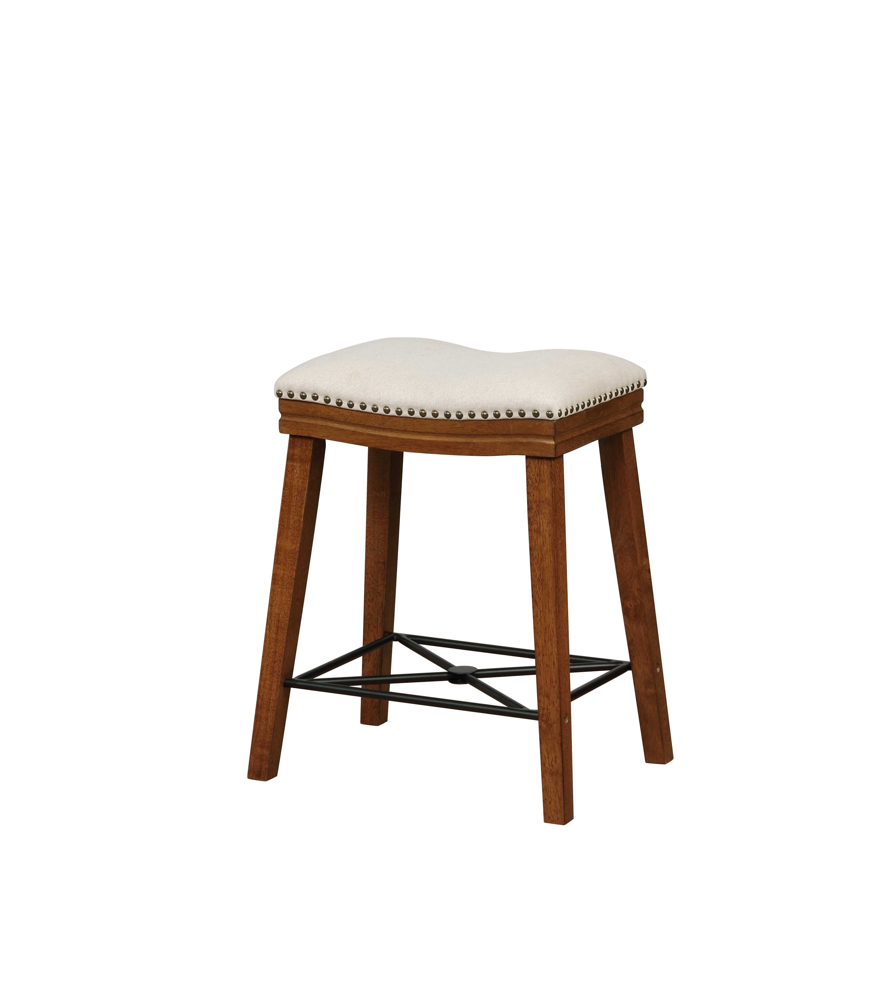 Fabric Upholstered Wooden Counter Stool with Metal Stretcher, Brown and Beige