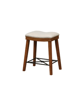 Fabric Upholstered Wooden Counter Stool with Metal Stretcher, Brown and Beige