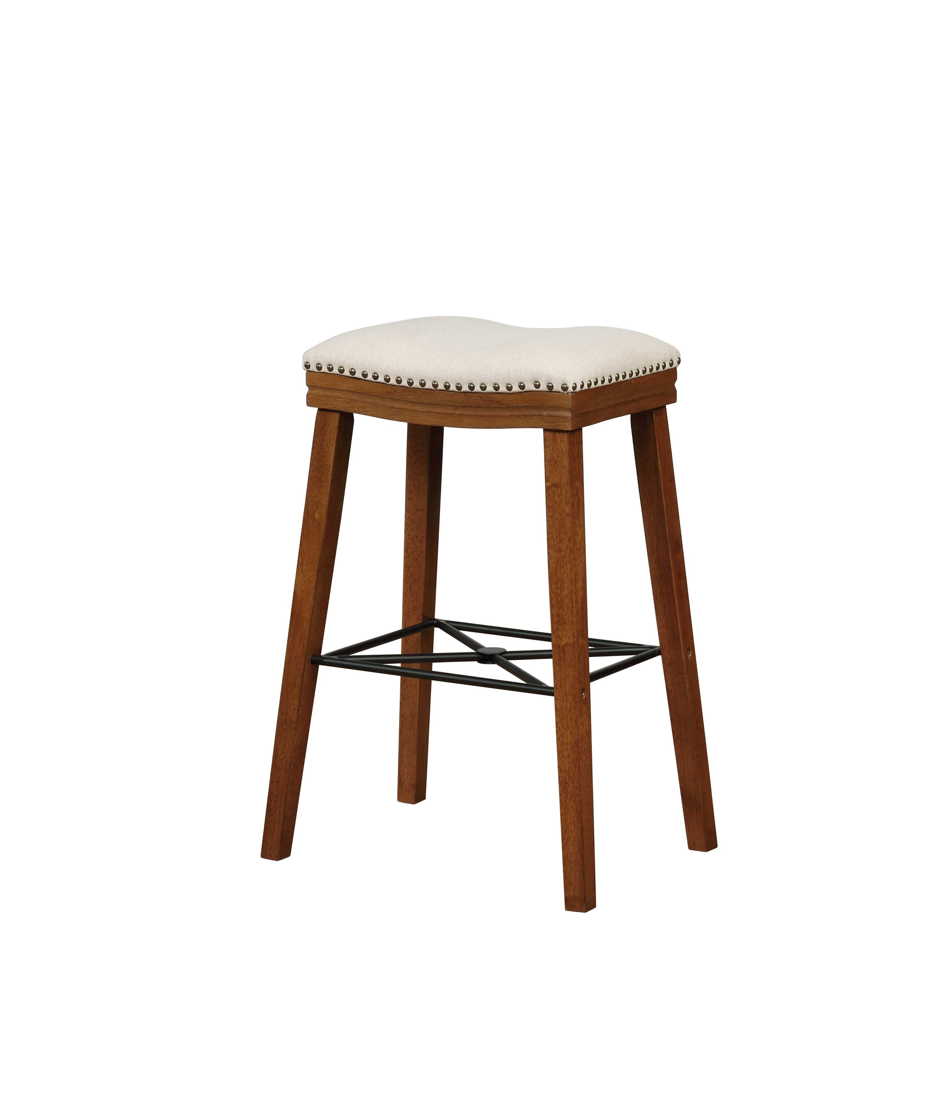 Fabric Upholstered Wooden Bar Stool with Metal Stretcher, Brown and Beige