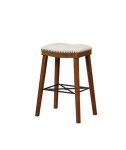 Fabric Upholstered Wooden Bar Stool with Metal Stretcher, Brown and Beige