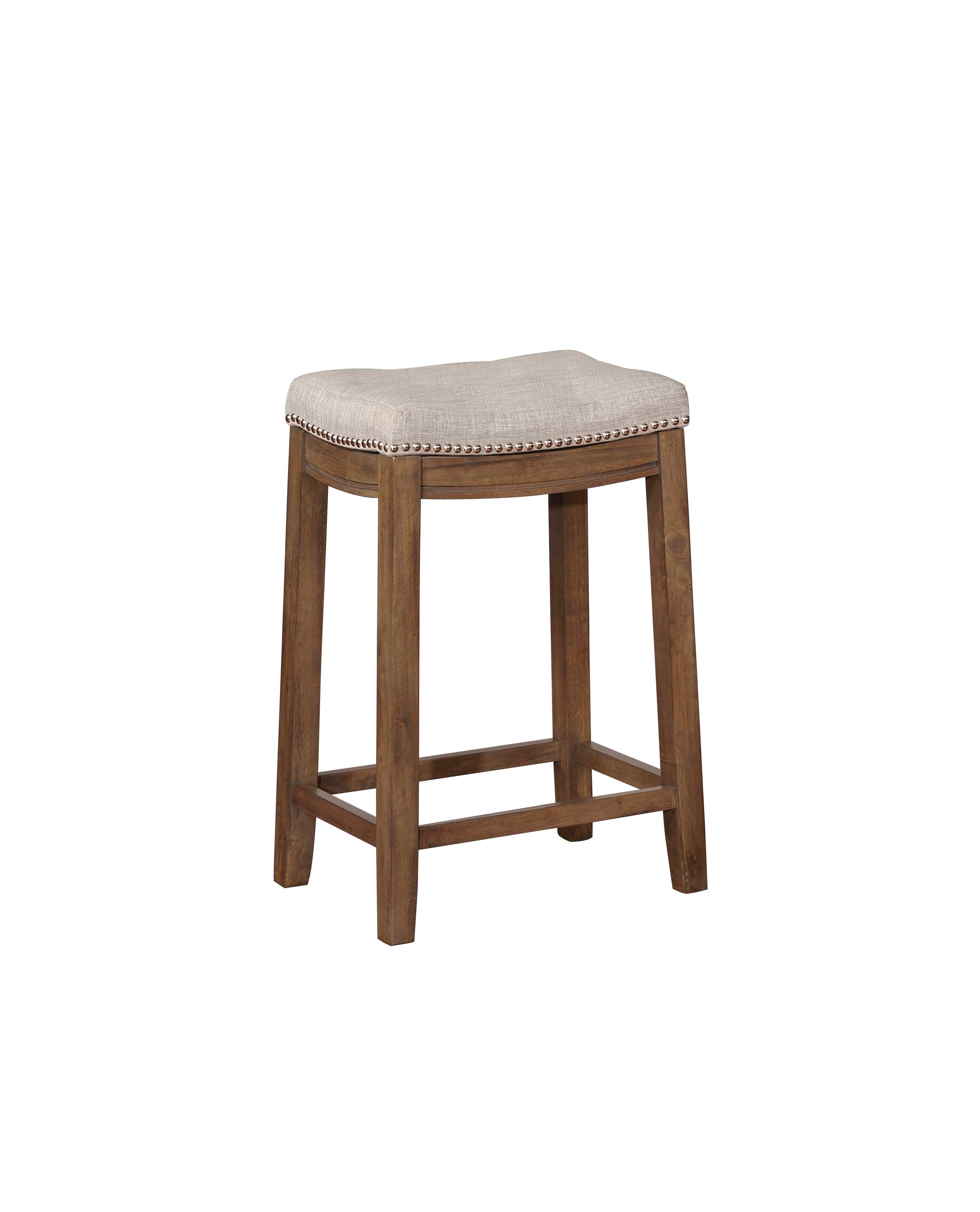 Wooden Upholstered Counter Stool with Nailhead Trim, Brown and Beige