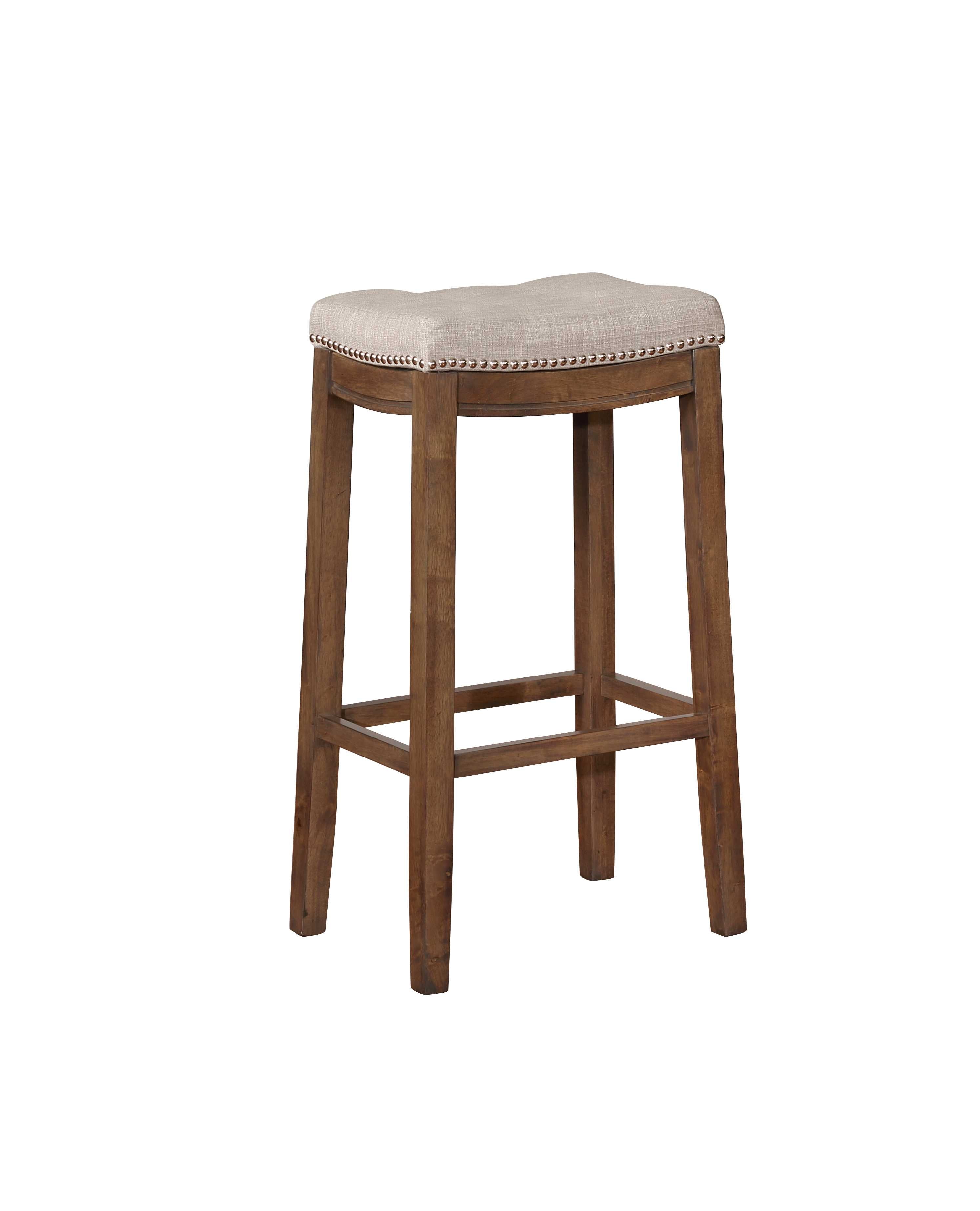 Wooden Upholstered Bar Stool with Nailhead Trim, Brown and Beige