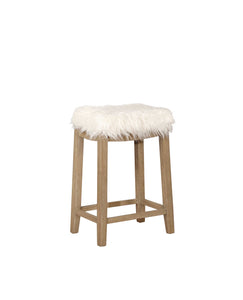 Wooden Counter Stool with Faux Fur Upholstery, White and Brown