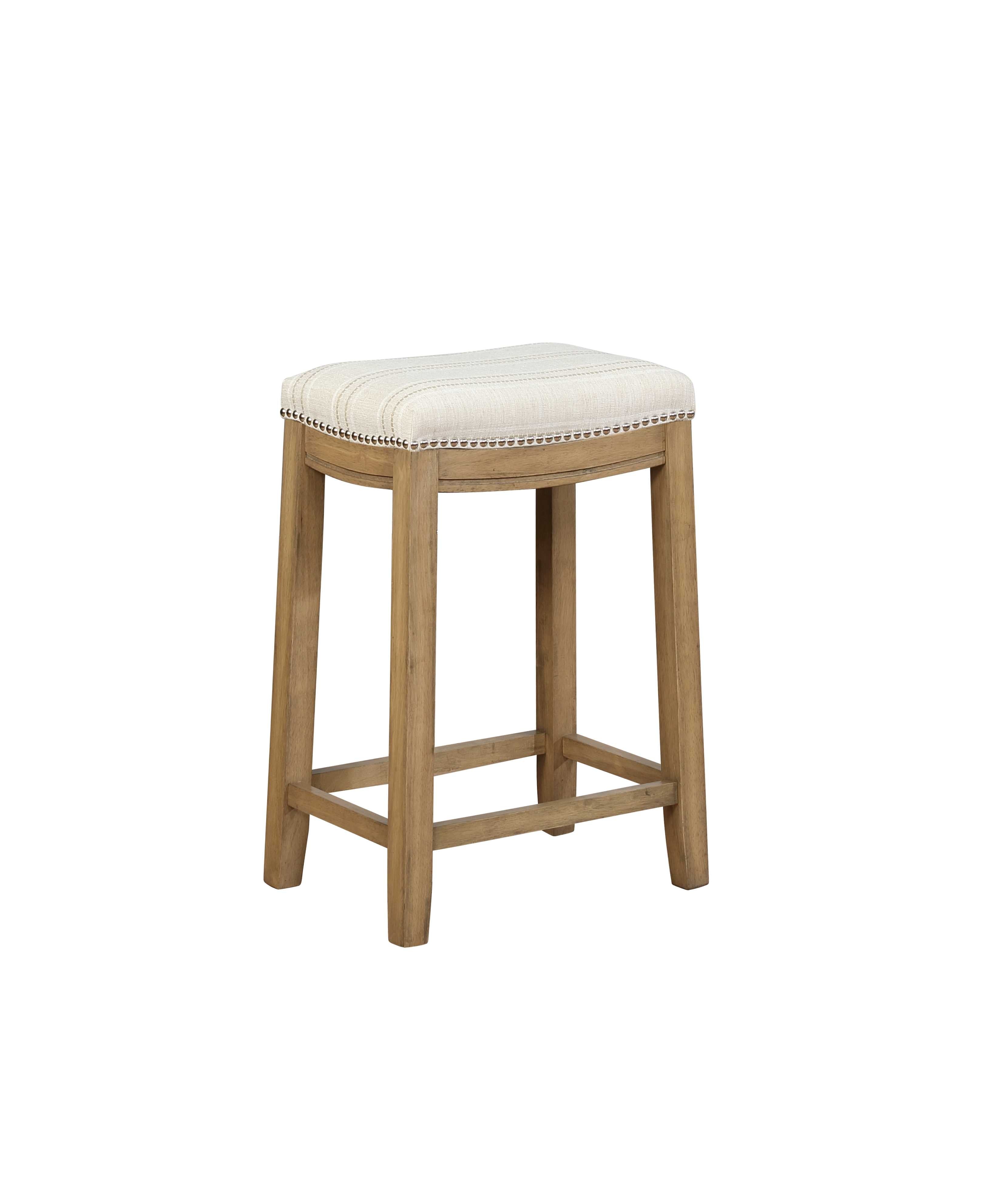 Wooden Counter Stool with Striped Fabric Upholstery, Brown and Beige