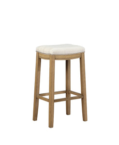 Wooden Bar Stool with Striped Fabric Upholstery, Brown and Beige