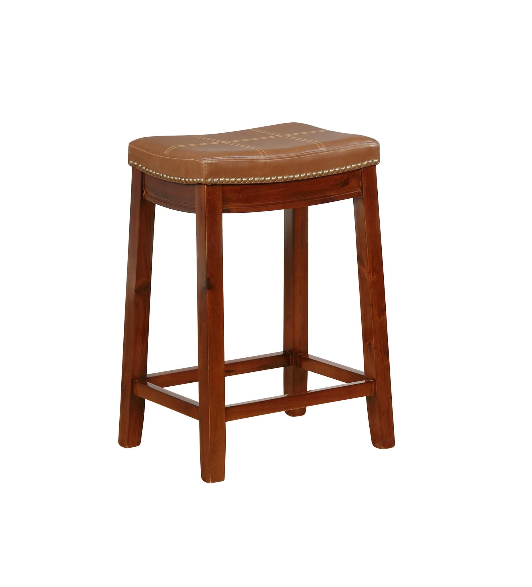 Faux Leather Upholstered Counter Stool with Nailhead Trim, Brown