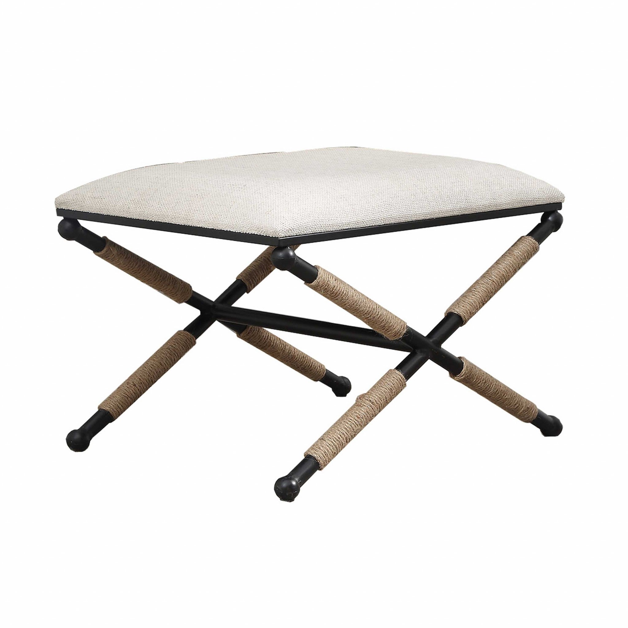 Fabric and Metal Accent Stool with Trestle Base, Black and White
