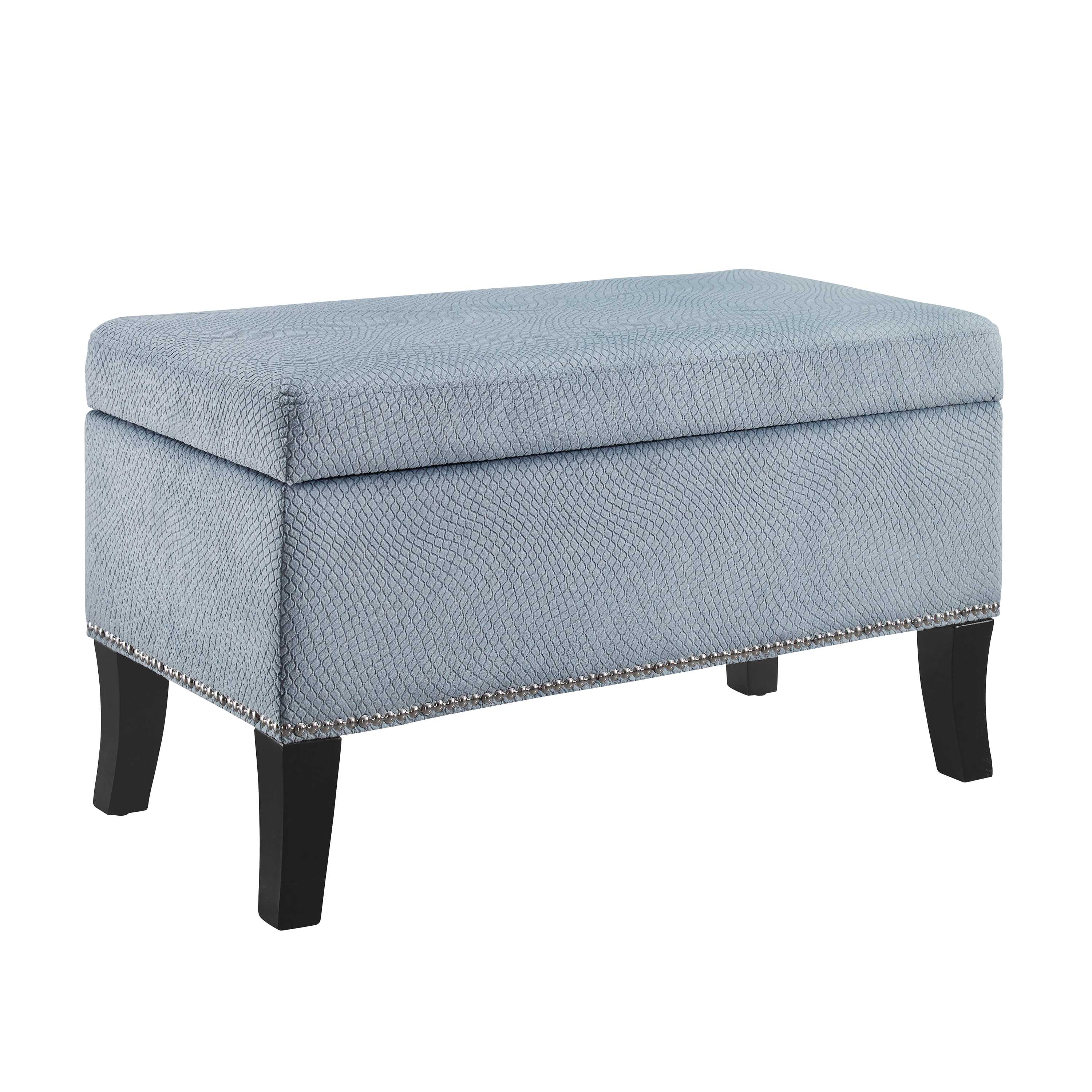 Fabric Upholstered Wooden Ottoman with Nailhead Trim, Blue and Black